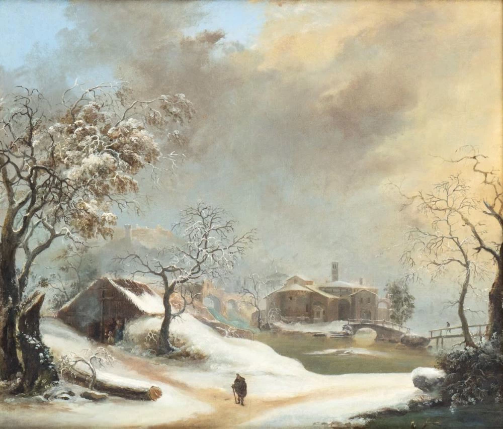Paesaggio invernale con viandante e ponte sullo sfondo